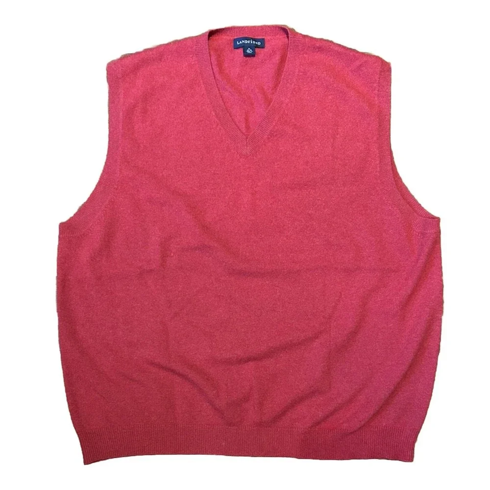 Lands' End Mens Large L Solid Red 100% Cashmere Sweater Vest V Neck READ